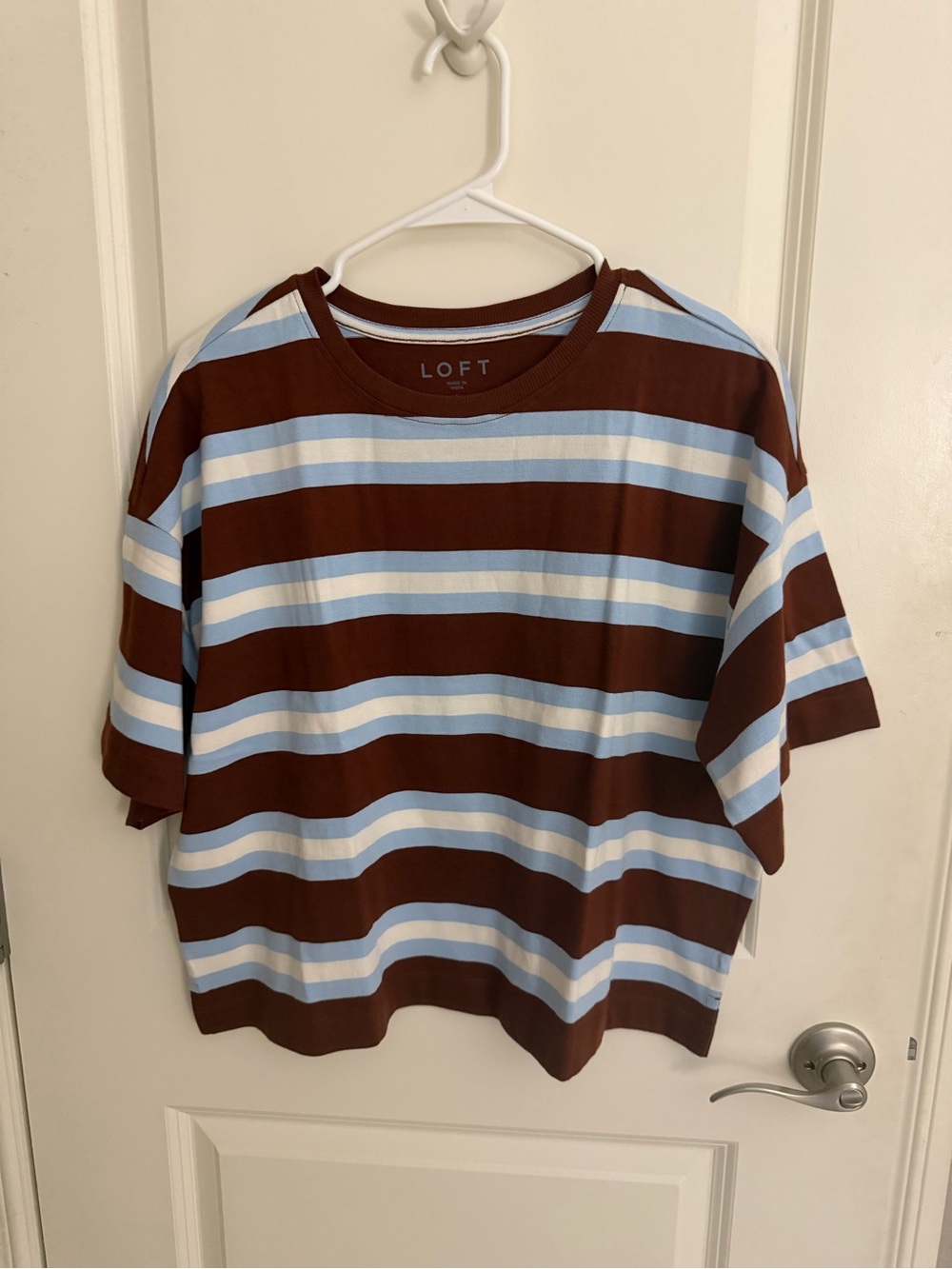 LOFT Brown, Light Blue & White Striped Short Sleeve Cropped Tee